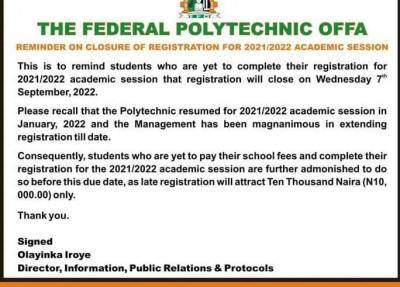 Fed Poly, Offa reminder on closure of registration portal