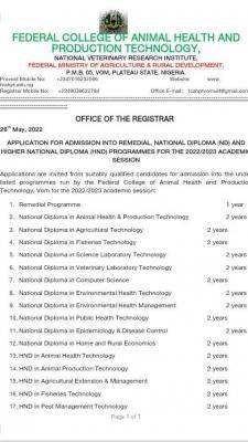 Federal College of Animal Health and Production Tech ND/HND Admission, 2022/2023