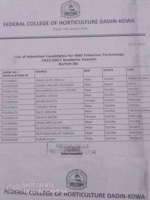 Federal College of Horticulture Dandikowa 2nd batch HND admission list, 2021/2022