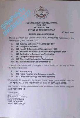 Federal Polytechnic Daura notice on 2021/2022 Admissions