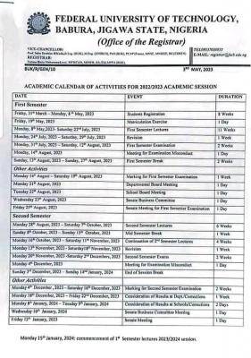 Federal University of Technology, Babura academic calendar, 2022/2023