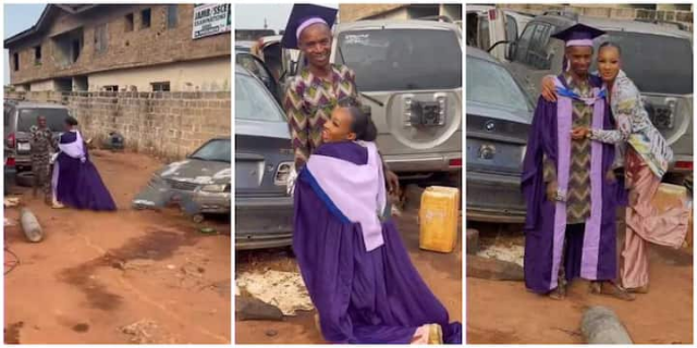 Female graduate celebrates her mechanic father as she bags a degree