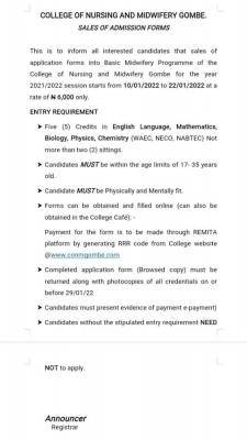 Gombe College of Nursing and Midwifery form for 2021/2022 session