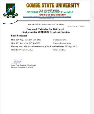 Gombe State University 100 level students' calendar for completion of 2021/2022 session