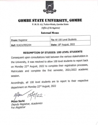 Gombe State University notice on resumption for 100 level students