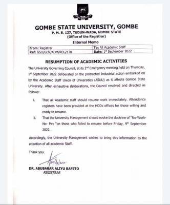 Gombe State University notice on resumption of academic activities