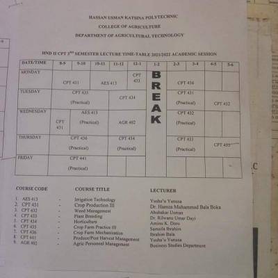 HUKPOLY 3rd semester Lectures Timetable, 2021/2022