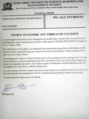 Harvard College of Science Business and management Studies notice to students