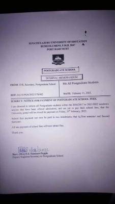 IAUE notice on payment of postgraduate school fees