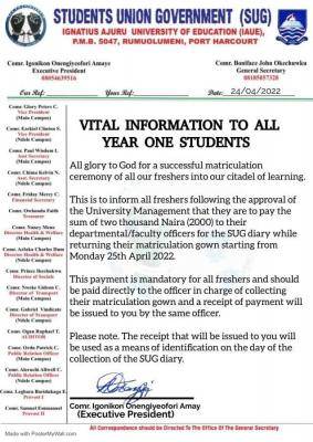 IAUE notice to Year 1 students