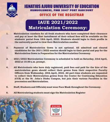 IAUE notice to fresh students on matriculation number