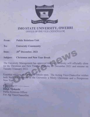 IMSU announces Christmas and New year break