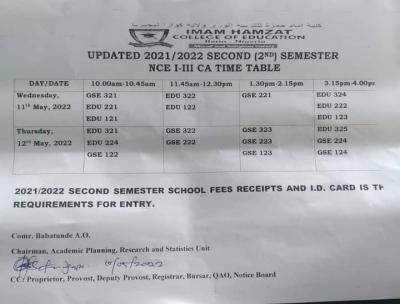 Imam Hamzat COE Updated Second Semester CA Timetable