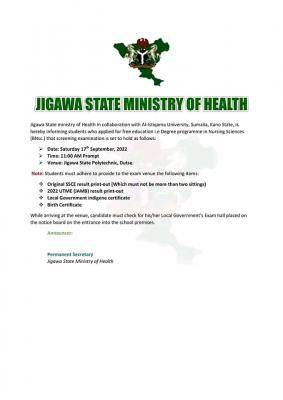 Jigawa State Ministry of Health notice to Nursing Sciences (BNsc.) programme applicants