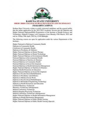 KASU Institute of Health Science Admission, 2021/2022