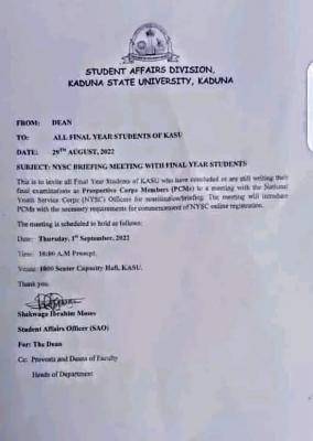 KASU notice to final year students on NYSC sensitization