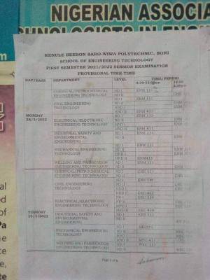 KENPOLY 1st semester Examination timetable, 2021/2022