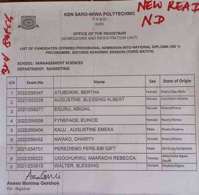 KENPOLY 3rd batch ND admission list, 2021/2022