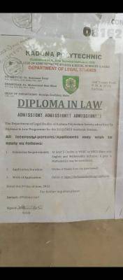 Kaduna Polytechnic diploma in law admission, 2022/2023