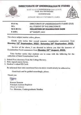 Kaduna State College of Education notice to degree students on collection of examination card