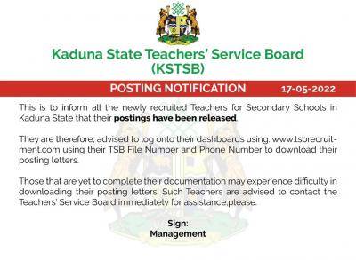 Kaduna State Teachers' Service Board (KSTSB) posting notification