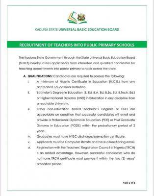 Kaduna State Universal Basic Education Board teachers' recruitment into public primary schools