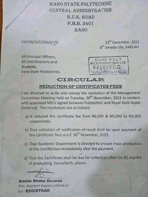 Kano Poly reduces certificate collection fee