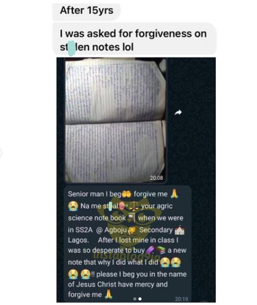 Karma? Man seeks forgiveness 15 yrs later, for stealing an Agric science notebook