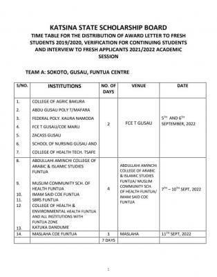 Katsina State Scholarship Board distribution of award letter timetable