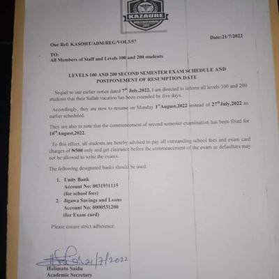 Kazaure College of Health postpones 100L & 200L resumption date
