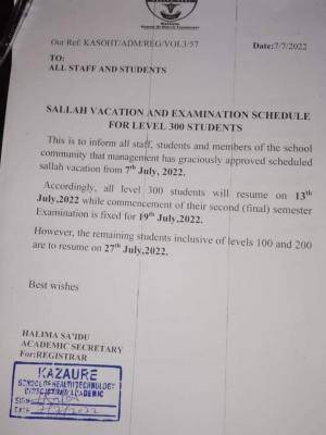 Kazaure School of Health Technology Sallah Vacation and exam schedule for 300 level