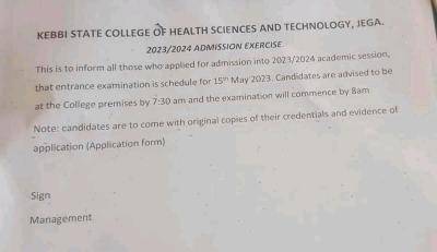 Kebbi State College of Health Sciences and Technology, Jega entrance exam, 2023/2024