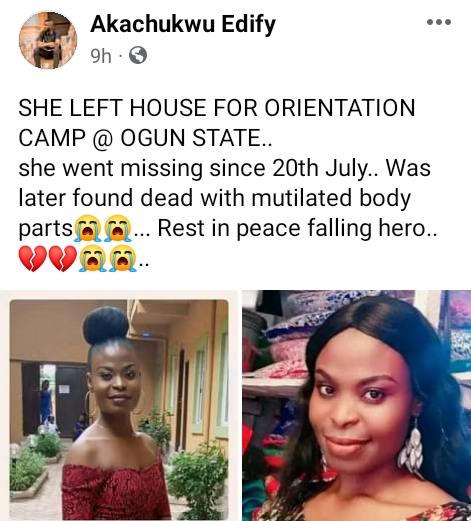 Corps member found dead with body parts missing days after she was allegedly abducted on her way to Ogun orientation camp 