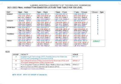 LAUTECH final harmattan semester lecture time table for 100 level students, 2021/2022