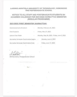 LAUTECH postgraduatre academic calendar, 2021/2022