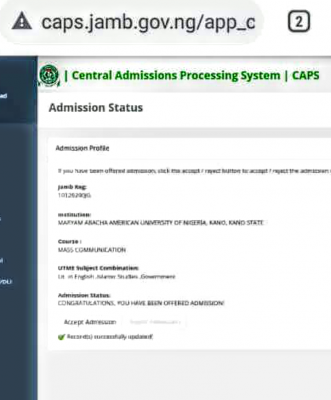 Maryam Abacha American University of Nigeria admission list, 2021/2022 now on JAMB CAPS