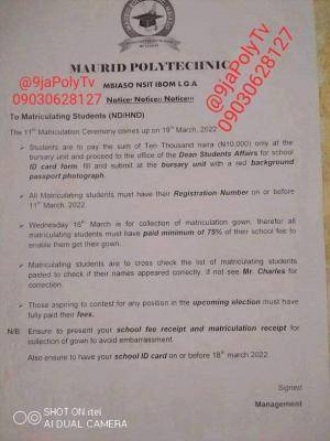 Maurid Polytechnic announces 11th matriculation date