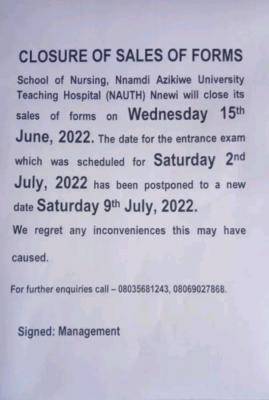 NAUTH announces closure of sales of forms & reschedules entrance exam date