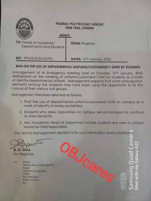 NEKEDEPOLY bans use of departmental uniforms and customized t-shirts by students