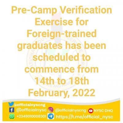 NYSC 2022 Batch 'A' verification schedule for foreign trained graduates