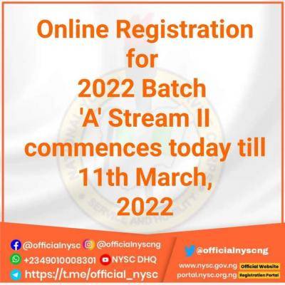 NYSC commences Batch A stream II 2022 online registration