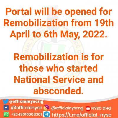 NYSC portal for remobilization opens April 19th