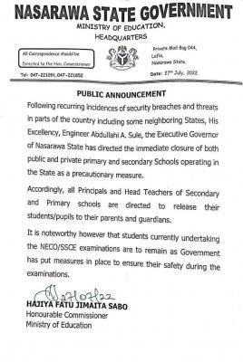 Nasarawa State Orders Closure of schools in the state