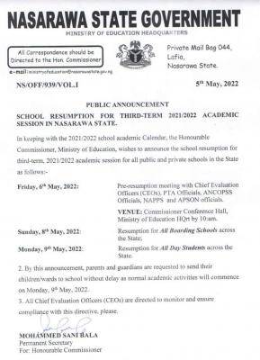 Nasarawa State notice on school resumption for 3rd term, 2021/2022 session