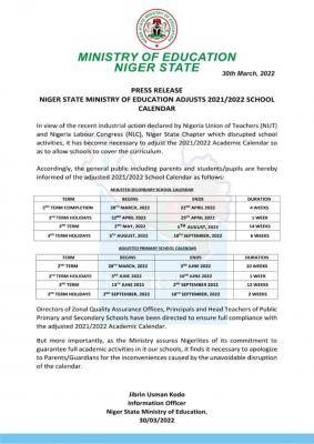 Niger State publishes revised calendar for secondary schools