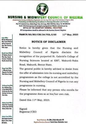 Nursing and Midwifery Council of Nigeria disclaimer notice to the General public