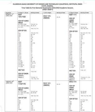 OAUSTECH first semester examination timetable, 2022/2023 session