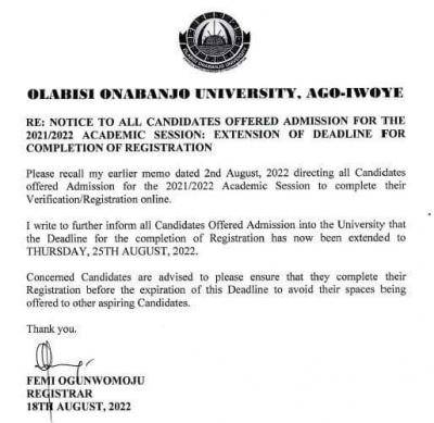 OOU notice to newly admitted students on extension of registration, 2021/2022