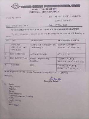 OSPOLY notice on change in dates of ICT training programme