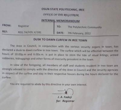 OSPOLY notice on dusk to dawn curfew in Iree town